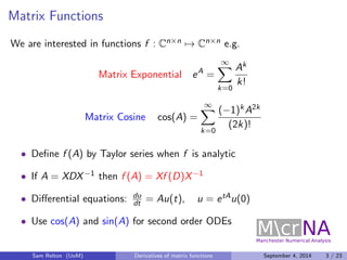 Frechet Derivatives of Matrix Functions and Applications