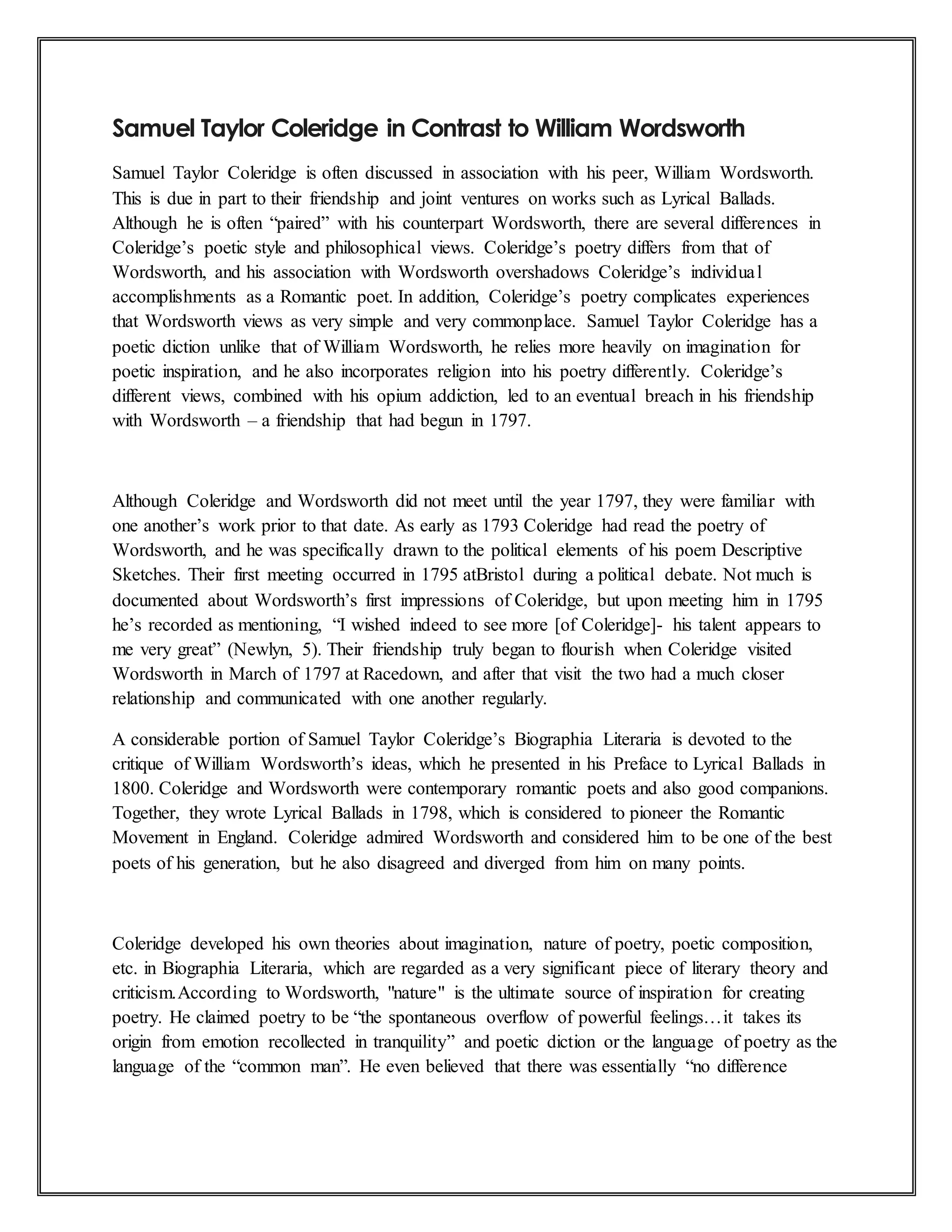 Samuel taylor coleridge in contrast to william wordsworth | DOCX