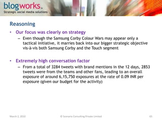TestimonialsMarch 3, 2010© Scenario Consulting Private Limited65"SamsungCorbyWars was fun! No matter who wins but it was a feeling which I could compare with the tug-of-war we did in high school"– Praval Singh, Team Leader, Corby Colour Wars“At the outset, thanks much for an opportunity to get involved in the fun Fun, yes, ‘coz for me the idea of engagement was fun. And the way the tweets from @Samsung_Mobiles motivated/ teased/ commented, everything came out as an entertaining and involving (very important) initiative rather than a hard lined marketing effort. Kudos to the team (and the individual managing the Twitter account)! It clearly showed the hard work put into the effort.” – AbhishekBaxi, Team Leader, Corby Colour Wars“Shimauli the Chief Buzz Officer of Buzallong highlights the Social Media Marketing campaign by Samsung Corby” in a Blog post by Sorav Jain that compiles the Social Media Highlights of 2009
