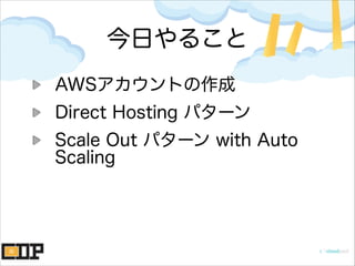 今日やること
AWSアカウントの作成
Direct Hosting パターン
Scale Out パターン with Auto
Scaling
 