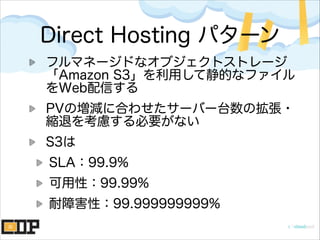 Direct Hosting パターン
フルマネージドなオブジェクトストレージ
「Amazon S3」を利用して静的なファイル
をWeb配信する
PVの増減に合わせたサーバー台数の拡張・
縮退を考慮する必要がない
S3は
SLA：99.9%
可用性：99.99%
耐障害性：99.999999999%
 