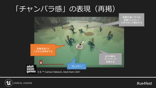 「チャンバラ感」の表現（再掲）
プレイヤー
近くの敵は
プレイヤーに
攻撃する
高難易度だと
この子も攻撃をする
距離の遠いやつは
素振りしたりして
にぎやかし行動をする
© & ™ Cartoon Network, Adult Swim 2021
 