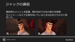 鼻筋用のメッシュを配置。顔の向きで左右の表示を制御
カットシーンなどで正面を向いているときは左右どちらかに固
定した。
ジャックの鼻筋
© & ™ Cartoon Network, Adult Swim 2021 © & ™ Cartoon Network, Adult Swim 2021
 