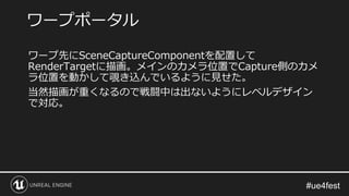 ワープ先にSceneCaptureComponentを配置して
RenderTargetに描画。メインのカメラ位置でCapture側のカメ
ラ位置を動かして覗き込んでいるように見せた。
当然描画が重くなるので戦闘中は出ないようにレベルデザイン
で対応。
ワープポータル
 