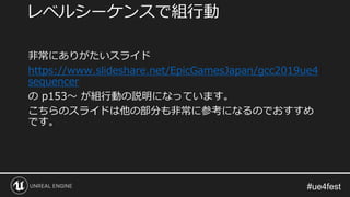 非常にありがたいスライド
https://www.slideshare.net/EpicGamesJapan/gcc2019ue4
sequencer
の p153～ が組行動の説明になっています。
こちらのスライドは他の部分も非常に参考になるのでおすすめ
です。
レベルシーケンスで組行動
 