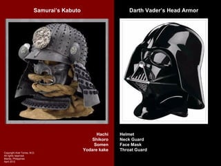 Samurai’s Kabuto                     Darth Vader’s Head Armor




                                                    Hachi   Helmet
                                                  Shikoro   Neck Guard
                                                   Somen    Face Mask
                                              Yodare kake   Throat Guard
Copyright Ariel Torres, M.D.
All rights reserved.
Manila, Philippines
April 2012
 