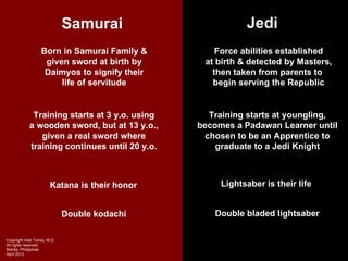 Samurai                      Jedi
                    Born in Samurai Family &         Force abilities established
                     given sword at birth by      at birth & detected by Masters,
                     Daimyos to signify their       then taken from parents to
                         life of servitude          begin serving the Republic


              Training starts at 3 y.o. using      Training starts at youngling,
             a wooden sword, but at 13 y.o.,     becomes a Padawan Learner until
                given a real sword where          chosen to be an Apprentice to
             training continues until 20 y.o.        graduate to a Jedi Knight



                         Katana is their honor        Lightsaber is their life


                               Double kodachi       Double bladed lightsaber

Copyright Ariel Torres, M.D.
All rights reserved.
Manila, Philippines
April 2012
 