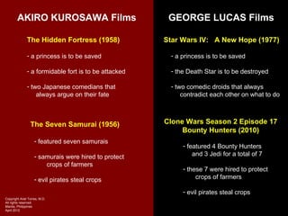 AKIRO KUROSAWA Films                            GEORGE LUCAS Films

               The Hidden Fortress (1958)              Star Wars IV: A New Hope (1977)

               - a princess is to be saved              - a princess is to be saved

               - a formidable fort is to be attacked    - the Death Star is to be destroyed

               - two Japanese comedians that            - two comedic droids that always
                   always argue on their fate               contradict each other on what to do



                 The Seven Samurai (1956)              Clone Wars Season 2 Episode 17
                                                            Bounty Hunters (2010)
                    - featured seven samurais
                                                            - featured 4 Bounty Hunters
                    - samurais were hired to protect            and 3 Jedi for a total of 7
                        crops of farmers
                                                            - these 7 were hired to protect
                    - evil pirates steal crops                   crops of farmers

                                                            - evil pirates steal crops
Copyright Ariel Torres, M.D.
All rights reserved.
Manila, Philippines
April 2012
 