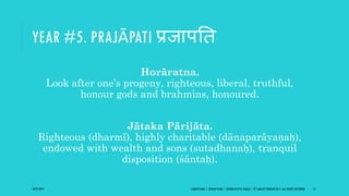 YEAR #5. PRAJĀPATI प्रजापति
Horāratna.
Look after one’s progeny, righteous, liberal, truthful,
honour gods and brahmins, honoured.
Jātaka Pārijāta.
Righteous (dharmī), highly charitable (dānaparāyaṇaḥ),
endowed with wealth and sons (sutadhanaḥ), tranquil
disposition (śāntaḥ).
10/27/2017 SAMVATSARA | JOVIAN YEARS | BĀRHASPATYA VARṢA | © SARAJIT PODDAR 2017, ALL RIGHTS RESERVED 15
 