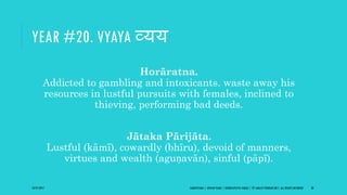 YEAR #20. VYAYA व्यय
Horāratna.
Addicted to gambling and intoxicants. waste away his
resources in lustful pursuits with females, inclined to
thieving, performing bad deeds.
Jātaka Pārijāta.
Lustful (kāmī), cowardly (bhīru), devoid of manners,
virtues and wealth (aguṇavān), sinful (pāpī).
10/27/2017 SAMVATSARA | JOVIAN YEARS | BĀRHASPATYA VARṢA | © SARAJIT PODDAR 2017, ALL RIGHTS RESERVED 30
 
