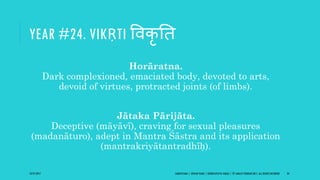 YEAR #24. VIKṚTI ववकृ ति
Horāratna.
Dark complexioned, emaciated body, devoted to arts,
devoid of virtues, protracted joints (of limbs).
Jātaka Pārijāta.
Deceptive (māyāvī), craving for sexual pleasures
(madanāturo), adept in Mantra Śāstra and its application
(mantrakriyātantradhīḥ).
10/27/2017 SAMVATSARA | JOVIAN YEARS | BĀRHASPATYA VARṢA | © SARAJIT PODDAR 2017, ALL RIGHTS RESERVED 34
 