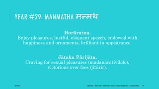 YEAR #29. MANMATHA मन्मथ
Horāratna.
Enjoy pleasures, lustful, eloquent speech, endowed with
happiness and ornaments, brilliant in appearance.
Jātaka Pārijāta.
Craving for sexual pleasures (madanarativilolo),
victorious over foes (jitārir).
10/27/2017 SAMVATSARA | JOVIAN YEARS | BĀRHASPATYA VARṢA | © SARAJIT PODDAR 2017, ALL RIGHTS RESERVED 39
 