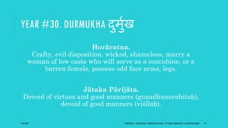 YEAR #30. DURMUKHA दुमुिख
Horāratna.
Crafty, evil disposition, wicked, shameless, marry a
woman of low caste who will serve as a concubine, or a
barren female, possess odd face arms, legs.
Jātaka Pārijāta.
Devoid of virtues and good manners (guṇadhanarahitaḥ),
devoid of good manners (viśīlaḥ).
10/27/2017 SAMVATSARA | JOVIAN YEARS | BĀRHASPATYA VARṢA | © SARAJIT PODDAR 2017, ALL RIGHTS RESERVED 40
 