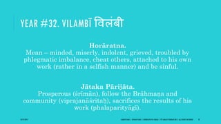 YEAR #32. VILAMBĪ ववलंबी
Horāratna.
Mean – minded, miserly, indolent, grieved, troubled by
phlegmatic imbalance, cheat others, attached to his own
work (rather in a selfish manner) and be sinful.
Jātaka Pārijāta.
Prosperous (śrīmān), follow the Brāhmaṇa and
community (viprajanāśritaḥ), sacrifices the results of his
work (phalaparityāgī).
10/27/2017 SAMVATSARA | JOVIAN YEARS | BĀRHASPATYA VARṢA | © SARAJIT PODDAR 2017, ALL RIGHTS RESERVED 42
 