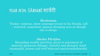 YEAR #34. ŚĀRVARĪ शाविरी
Horāratna.
Trader, valorous, show contempt (even) to his friends, tall
– statured, emaciated, possess drooping eyes as though
one is sleepy.
Jātaka Pārijāta.
Exceeding wealth (ativitta), given to enjoyment of
material pleasures (bhoga), cheerful and pleasant mind
(sumanāḥ), honest and well behaved (satyavratācāravān).
10/27/2017 SAMVATSARA | JOVIAN YEARS | BĀRHASPATYA VARṢA | © SARAJIT PODDAR 2017, ALL RIGHTS RESERVED 44
 