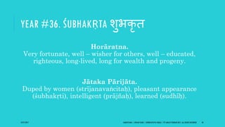 YEAR #36. ŚUBHAKṚTA शुभकृ ि
Horāratna.
Very fortunate, well – wisher for others, well – educated,
righteous, long-lived, long for wealth and progeny.
Jātaka Pārijāta.
Duped by women (strījanavaṅcitaḥ), pleasant appearance
(śubhakṛti), intelligent (prājñaḥ), learned (sudhīḥ).
10/27/2017 SAMVATSARA | JOVIAN YEARS | BĀRHASPATYA VARṢA | © SARAJIT PODDAR 2017, ALL RIGHTS RESERVED 46
 