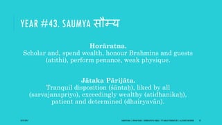 YEAR #43. SAUMYA सौम्य
Horāratna.
Scholar and, spend wealth, honour Brahmins and guests
(atithi), perform penance, weak physique.
Jātaka Pārijāta.
Tranquil disposition (śāntaḥ), liked by all
(sarvajanapriyo), exceedingly wealthy (atidhanikaḥ),
patient and determined (dhairyavān).
10/27/2017 SAMVATSARA | JOVIAN YEARS | BĀRHASPATYA VARṢA | © SARAJIT PODDAR 2017, ALL RIGHTS RESERVED 53
 