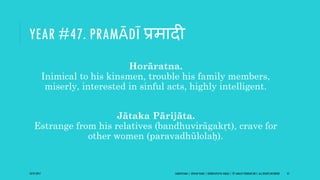 YEAR #47. PRAMĀDĪ प्रमादी
Horāratna.
Inimical to his kinsmen, trouble his family members,
miserly, interested in sinful acts, highly intelligent.
Jātaka Pārijāta.
Estrange from his relatives (bandhuvirāgakṛt), crave for
other women (paravadhūlolaḥ).
10/27/2017 SAMVATSARA | JOVIAN YEARS | BĀRHASPATYA VARṢA | © SARAJIT PODDAR 2017, ALL RIGHTS RESERVED 57
 