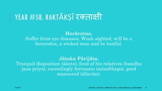 YEAR #58. RAKTĀKṢĪ रक्िाक्षी
Horāratna.
Suffer from eye diseases, Weak-sighted, will be a
heterodox, a wicked man and be lustful.
Jātaka Pārijāta.
Tranquil disposition (śānto), fond of his relatives (bandhu
jana priyo), exceedingly fortunate (atisubhago), good
mannered (śīlavān).
10/27/2017 SAMVATSARA | JOVIAN YEARS | BĀRHASPATYA VARṢA | © SARAJIT PODDAR 2017, ALL RIGHTS RESERVED 68
 