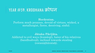 YEAR #59. KRODHANA क्रोधन
Horāratna.
Perform much penance, devoid of virtues, wicked, a
metallurgist, fierce, deceiving, sinful.
Jātaka Pārijāta.
Addicted to evil ways (kumārgī), hater of his relatives
(bandhudveṣī), inclined towards stealing
(coraniṣṭhārataḥ).
10/27/2017 SAMVATSARA | JOVIAN YEARS | BĀRHASPATYA VARṢA | © SARAJIT PODDAR 2017, ALL RIGHTS RESERVED 69
 