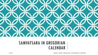 SAMVATSARA IN GREGORIAN
CALENDAR
10/27/2017 SAMVATSARA | JOVIAN YEARS | BĀRHASPATYA VARṢA | © SARAJIT PODDAR 2017, ALL RIGHTS RESERVED 7
 