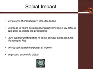 Social Impact Employment creation for 1000,000 people Increase in micro entrepreneur turnover/income  by 50% in two year of joining the programme  30% women participating in socio-political processes like Panchayati Raj Increased bargaining power of women  Improved economic status  
