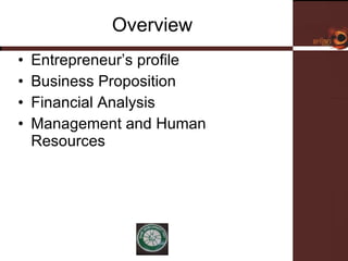 Overview Entrepreneur’s profile Business Proposition Financial Analysis Management and Human Resources 