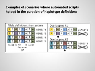 Examples of scenarios where automated scripts
helped in the curation of haplotype definitions
 