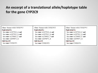 An excerpt of a translational allele/haplotype table
for the gene CYP2C9
 