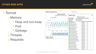 • Tomcat
oMemory
• Heap and non-heap
• Pool
• Garbage
oThreads
oRequests
OTHER WEB APPS
14© 2016 SOLARWINDS WORLDWIDE, LLC. ALL RIGHTS RESERVED.
 