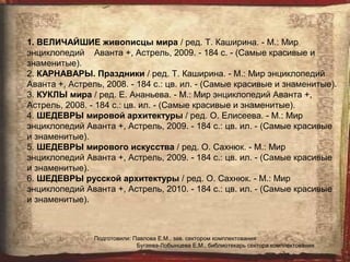 1. ВЕЛИЧАЙШИЕ живописцы мира / ред. Т. Каширина. - М.: Мир
энциклопедий Аванта +, Астрель, 2009. - 184 с. - (Самые красивые и
знаменитые).
2. КАРНАВАРЫ. Праздники / ред. Т. Каширина. - М.: Мир энциклопедий
Аванта +, Астрель, 2008. - 184 с.: цв. ил. - (Самые красивые и знаменитые).
3. КУКЛЫ мира / ред. Е. Ананьева. - М.: Мир энциклопедий Аванта +,
Астрель, 2008. - 184 с.: цв. ил. - (Самые красивые и знаменитые).
4. ШЕДЕВРЫ мировой архитектуры / ред. О. Елисеева. - М.: Мир
энциклопедий Аванта +, Астрель, 2009. - 184 с.: цв. ил. - (Самые красивые
и знаменитые).
5. ШЕДЕВРЫ мирового искусства / ред. О. Сахнюк. - М.: Мир
энциклопедий Аванта +, Астрель, 2009. - 184 с.: цв. ил. - (Самые красивые
и знаменитые).
6. ШЕДЕВРЫ русской архитектуры / ред. О. Сахнюк. - М.: Мир
энциклопедий Аванта +, Астрель, 2010. - 184 с.: цв. ил. - (Самые красивые
и знаменитые).



                Подготовили: Павлова Е.М., зав. сектором комплектования
                              Бугаева-Лобынцева Е.М., библиотекарь сектора комплектования
 