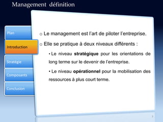 Stratégie
Composants
Conclusion
Plan
Introduction
3
o Le management est l’art de piloter l’entreprise.
o Elle se pratique à deux niveaux différents :
Management définition
• Le niveau stratégique pour les orientations de
long terme sur le devenir de l’entreprise.
• Le niveau opérationnel pour la mobilisation des
ressources à plus court terme.
 
