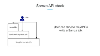 Why SQL on Samza
• Expand the target audience of stream processing.
• Obtain quick real time insights.
• Create stream pro...