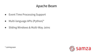 Apache Beam
● Event Time Processing Support
● Multi-language APIs (Python)*
● Sliding Windows & Multi-Way Joins
* coming soon
 