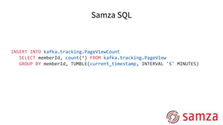 Samza SQL
INSERT INTO kafka.tracking.PageViewCount
SELECT memberId, count(*) FROM kafka.tracking.PageView
GROUP BY memberId, TUMBLE(current_timestamp, INTERVAL '5' MINUTES)
 