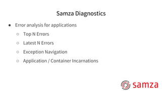 Samza Diagnostics
● Error analysis for applications
○ Top N Errors
○ Latest N Errors
○ Exception Navigation
○ Application / Container Incarnations
 