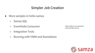 Simpler Job Creation
● More samples in hello-samza
○ Samza SQL
○ EventHubs Consumer
○ Integration Tests
○ Running with YARN and Standalone
https://github.com/apache/
samza-hello-samza
 