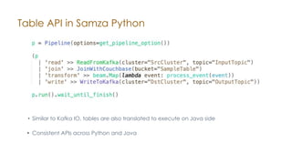 Table API in Samza Python
• Similar to Kafka IO, tables are also translated to execute on Java side
• Consistent APIs across Python and Java
 