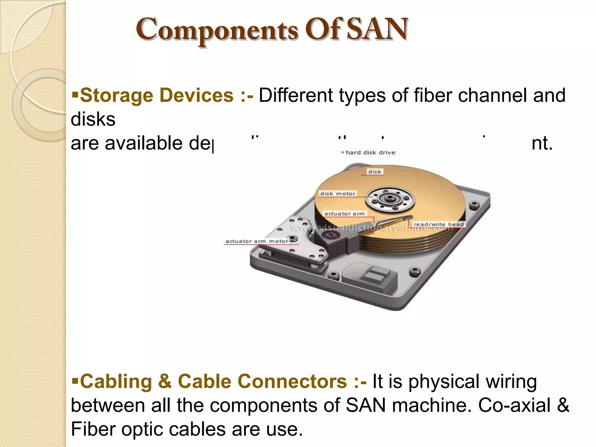 Storage Devices :- Different types of fiber channel and
disks
are available depending upon the storage requirement.

Cabling & Cable Connectors :- It is physical wiring
between all the components of SAN machine. Co-axial &
Fiber optic cables are use.

 