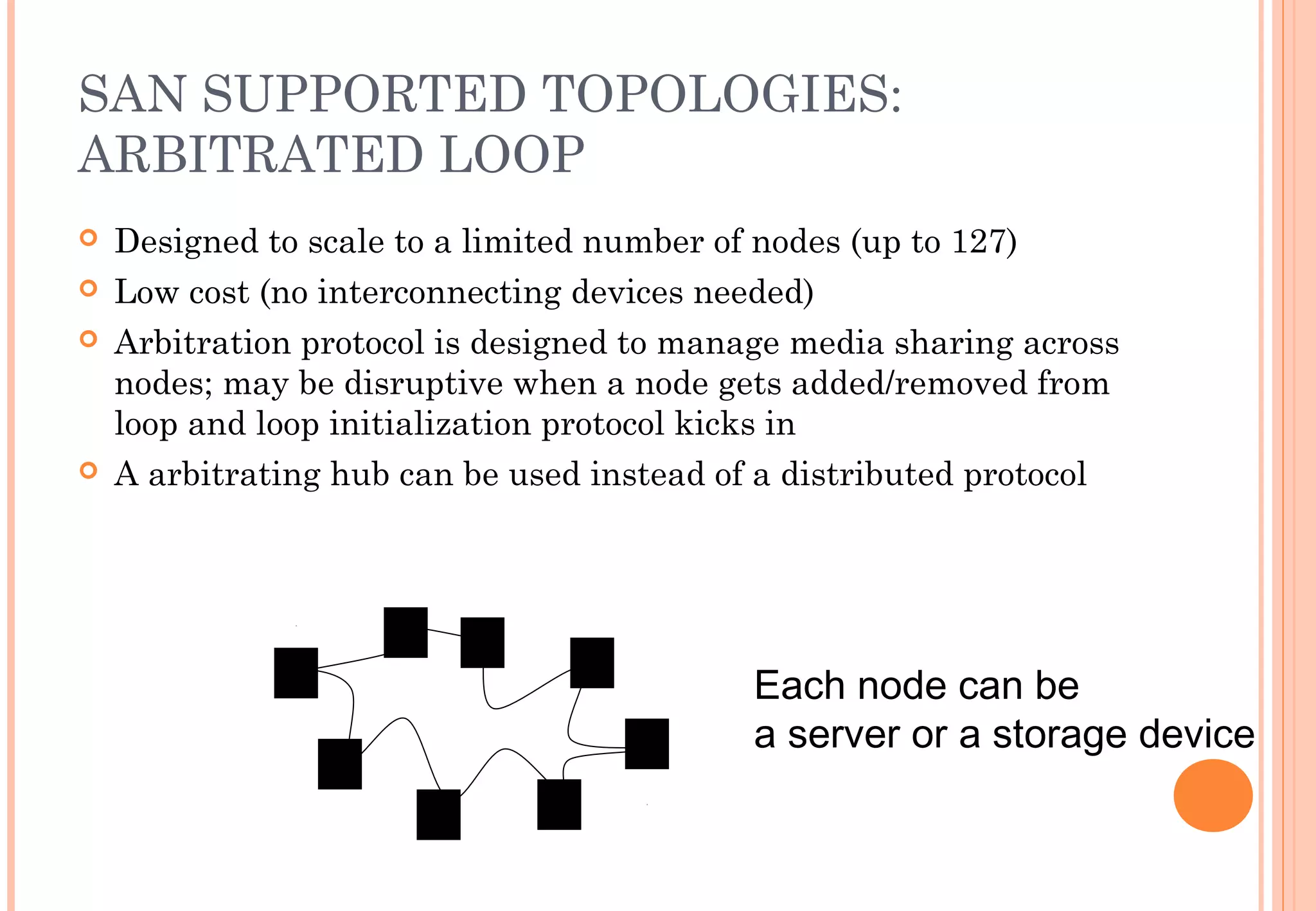 SAN SUPPORTED TOPOLOGIES:
ARBITRATED LOOP
 Designed to scale to a limited number of nodes (up to 127)
 Low cost (no interconnecting devices needed)
 Arbitration protocol is designed to manage media sharing across
nodes; may be disruptive when a node gets added/removed from
loop and loop initialization protocol kicks in
 A arbitrating hub can be used instead of a distributed protocol
Each node can be
a server or a storage device
 