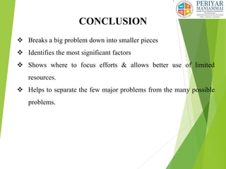 CONCLUSION
 Breaks a big problem down into smaller pieces
 Identifies the most significant factors
 Shows where to focus efforts & allows better use of limited
resources.
 Helps to separate the few major problems from the many possible
problems.
 