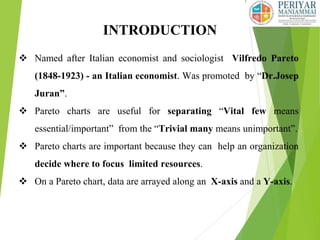 INTRODUCTION
 Named after Italian economist and sociologist Vilfredo Pareto
(1848-1923) - an Italian economist. Was promoted by “Dr.Josep
Juran”.
 Pareto charts are useful for separating “Vital few means
essential/important” from the “Trivial many means unimportant”.
 Pareto charts are important because they can help an organization
decide where to focus limited resources.
 On a Pareto chart, data are arrayed along an X-axis and a Y-axis.
 