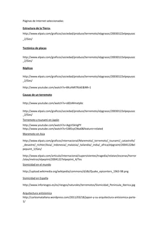 Páginas de Internet seleccionadas:
Estructura de la Tierra-
http://www.elpais.com/graficos/sociedad/produce/terremoto/elpgrasoc/20030122elpepusoc
_2/Ges/
Tectónica de placas
http://www.elpais.com/graficos/sociedad/produce/terremoto/elpgrasoc/20030122elpepusoc
_2/Ges/
Réplicas
http://www.elpais.com/graficos/sociedad/produce/terremoto/elpgrasoc/20030122elpepusoc
_2/Ges/
http://www.youtube.com/watch?v=8KuhMl7RzkE&NR=1
Causas de un terremoto
http://www.youtube.com/watch?v=s8ZoMmxtpbc
http://www.elpais.com/graficos/sociedad/produce/terremoto/elpgrasoc/20030122elpepusoc
_2/Ges/
Terremoto y tsunami en Japón
http://www.youtube.com/watch?v=JkgUi5kVgPY
http://www.youtube.com/watch?v=S385zyC9ba0&feature=related
Maremoto en Asia
http://www.elpais.com/graficos/internacional/Maremoto/_terremoto/_tsunami/_catastrofe/
_desastre/_richter/Asia/_indonesia/_malaisia/_tailandia/_india/_africa/elpgraint/20041228el
pepuint_1/Ges/
http://www.elpais.com/articulo/internacional/supervivientes/tragedia/relatan/escenas/horror
/olas/metros/elpepiint/20041227elpepiint_4/Tes
Sismicidad en el mundo
http://upload.wikimedia.org/wikipedia/commons/d/db/Quake_epicenters_1963-98.png
Sismicidad en España
http://www.inforiesgos.es/es/riesgos/naturales/terremotos/Sismicidad_Peninsula_Iberica.jpg
Arquitectura antisísmica
http://carlosmatallana.wordpress.com/2011/03/18/japon-y-su-arquitectura-antisismica-parte-
1/
 