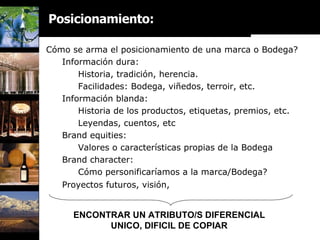 Cómo se arma el posicionamiento de una marca o Bodega? Información dura: Historia, tradición, herencia. Facilidades: Bodega, viñedos, terroir, etc. Información blanda: Historia de los productos, etiquetas, premios, etc. Leyendas, cuentos, etc Brand equities: Valores o características propias de la Bodega Brand character: Cómo personificaríamos a la marca/Bodega? Proyectos futuros, visión,   ENCONTRAR UN ATRIBUTO/S DIFERENCIAL  UNICO, DIFICIL DE COPIAR  Posicionamiento: 