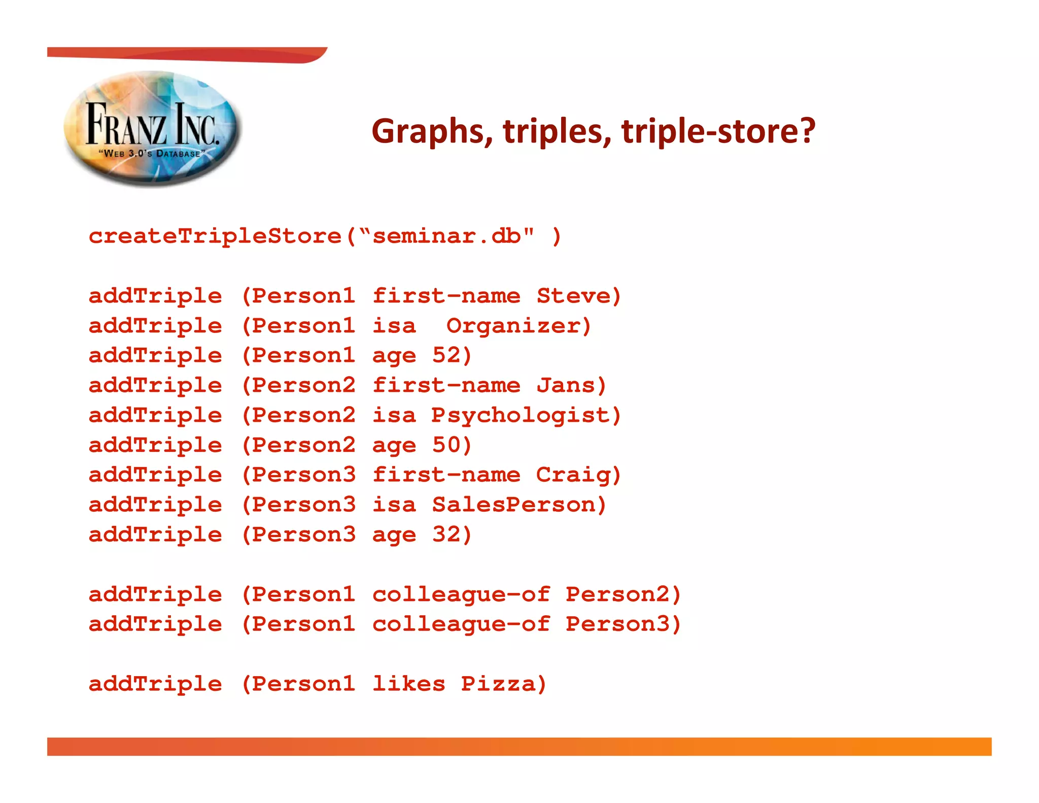 

createTripleStore(“seminar.db" )

addTriple   (Person1   first-name Steve)
addTriple   (Person1   isa Organizer)
addTriple   (Person1   age 52)
addTriple   (Person2   first-name Jans)
addTriple   (Person2   isa Psychologist)
addTriple   (Person2   age 50)
addTriple   (Person3   first-name Craig)
addTriple   (Person3   isa SalesPerson)
addTriple   (Person3   age 32)

addTriple (Person1 colleague-of Person2)
addTriple (Person1 colleague-of Person3)

addTriple (Person1 likes Pizza)
 