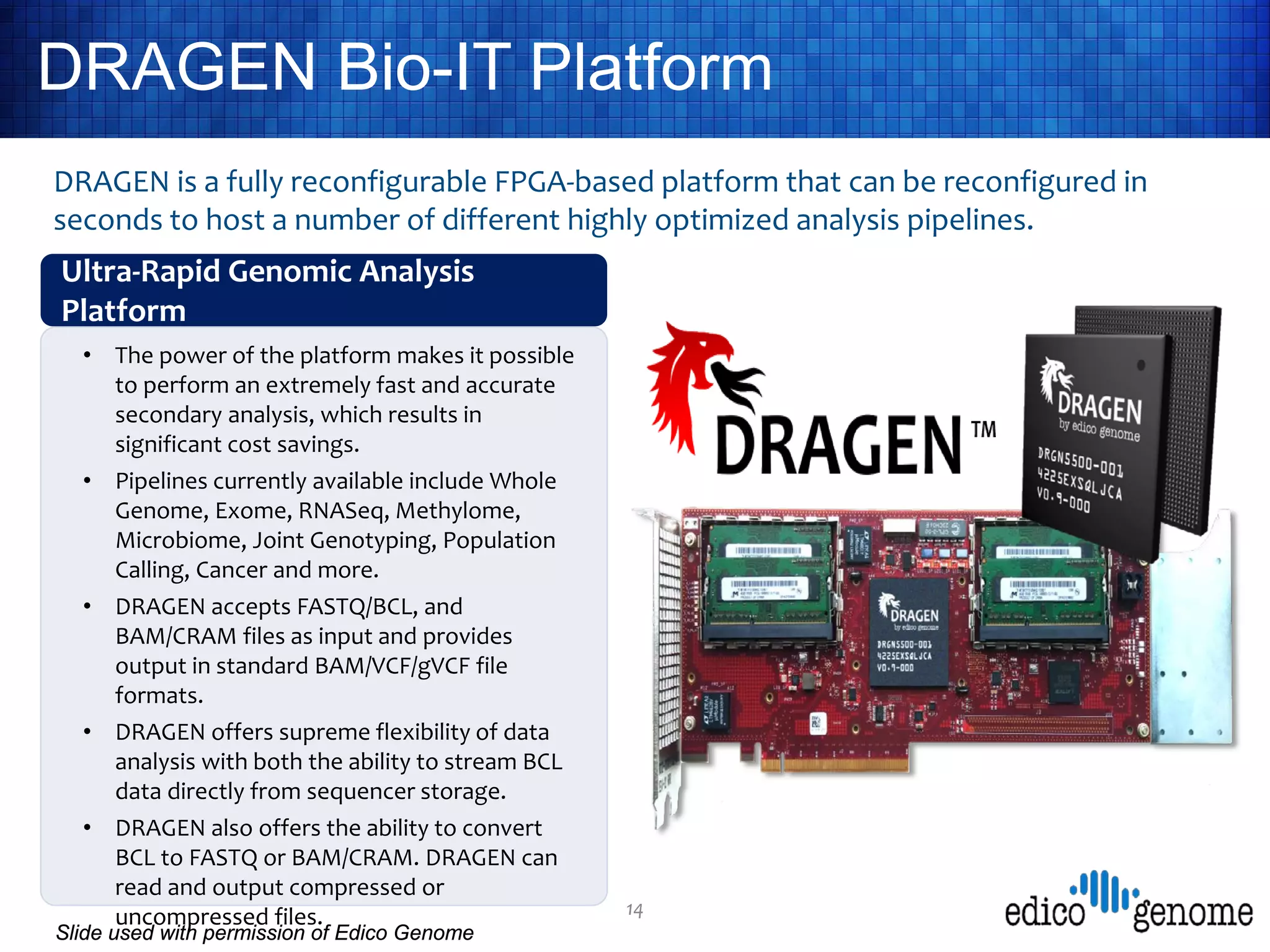DRAGEN Bio-IT Platform
14
Ultra-Rapid Genomic Analysis
Platform
• The power of the platform makes it possible
to perform an extremely fast and accurate
secondary analysis, which results in
significant cost savings.
• Pipelines currently available include Whole
Genome, Exome, RNASeq, Methylome,
Microbiome, Joint Genotyping, Population
Calling, Cancer and more.
• DRAGEN accepts FASTQ/BCL, and
BAM/CRAM files as input and provides
output in standard BAM/VCF/gVCF file
formats.
• DRAGEN offers supreme flexibility of data
analysis with both the ability to stream BCL
data directly from sequencer storage.
• DRAGEN also offers the ability to convert
BCL to FASTQ or BAM/CRAM. DRAGEN can
read and output compressed or
uncompressed files.
DRAGEN is a fully reconfigurable FPGA-based platform that can be reconfigured in
seconds to host a number of different highly optimized analysis pipelines.
Slide used with permission of Edico Genome
 