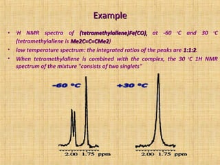 ExampleExample
• 1
H NMR spectra of (tetramethylallene)Fe(CO)(tetramethylallene)Fe(CO)44 at -60 o
C and 30 o
C
(tetramethylallene is Me2C=C=CMe2Me2C=C=CMe2)
• low temperature spectrum: the integrated ratios of the peaks are 1:1:21:1:2.
• When tetramethylallene is combined with the complex, the 30 o
C 1H NMR
spectrum of the mixture "consists of two singlets"
 