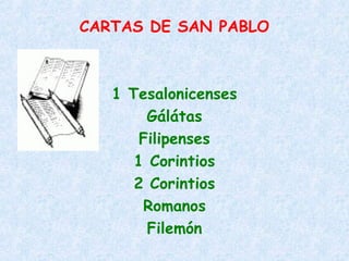 CARTAS DE SAN PABLO
1 Tesalonicenses
Gálátas
Filipenses
1 Corintios
2 Corintios
Romanos
Filemón
 