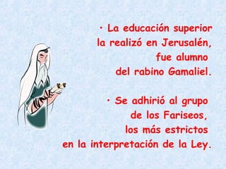 • La educación superior
la realizó en Jerusalén,
fue alumno
del rabino Gamaliel.
• Se adhirió al grupo
de los Fariseos,
los más estrictos
en la interpretación de la Ley.
 