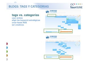   BLOGS: TAGS Y CATEGORIAS 


  tags vs. categorías
  usar ambas
  eligir las keyword estratégicas
  crear feeds RSS
  ser...